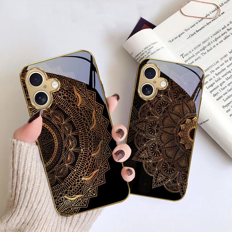 

Golden geometric lines For iPhone 16E 15 Pro 14 13 Plus 12 mini 11 15Pro 14Max 13Plus XR Xs 16 Pro Max Golden glass phone case