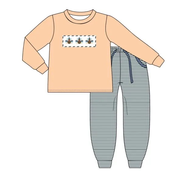 Baby Cotton Long Sleeve T-shirt Set Round Neck Three Turkey Embroidery Boy Orange Top Clothes And Blue Suit Romper With Bow