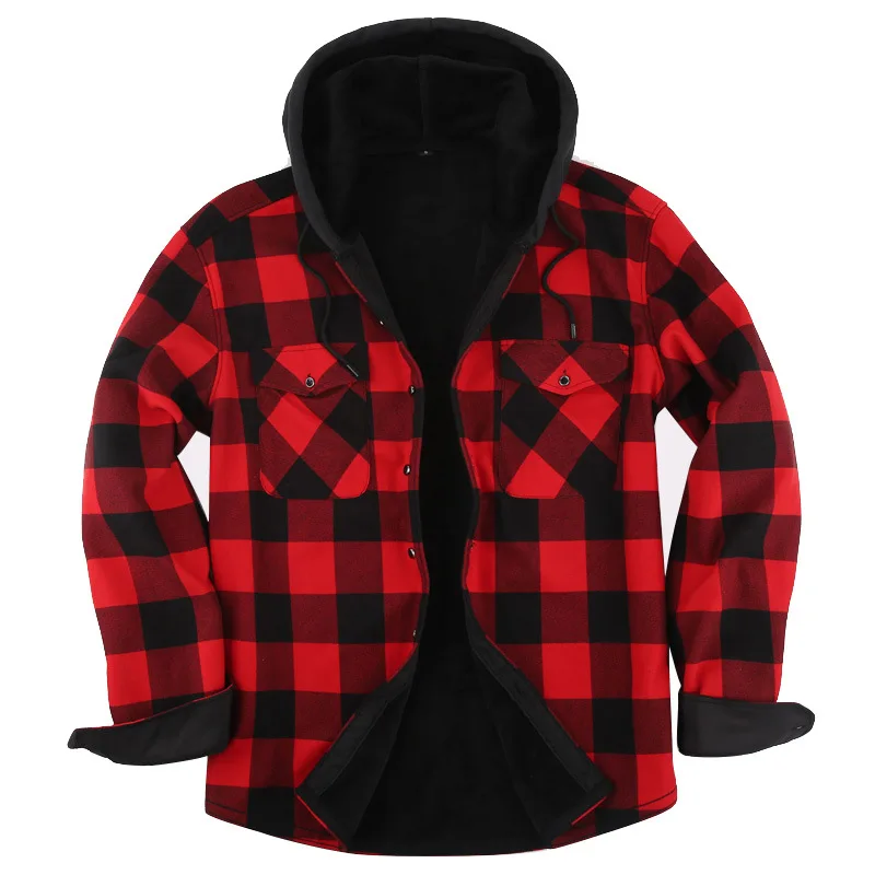 Red Men's Long-sleeve Hooded Shirt; Winter Striped Flannel Fleece-lined Shirts; Available in Blue, Green, and Yellow.