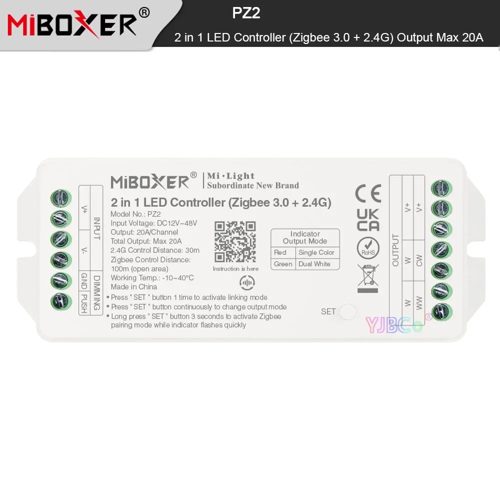 

Miboxer Zigbee 3.0+2.4G 2 in 1 LED Controller PZ2 12V~48V 24V Max 20A Single Color/Dual White Led Strip tape dimmer PUSH dimming