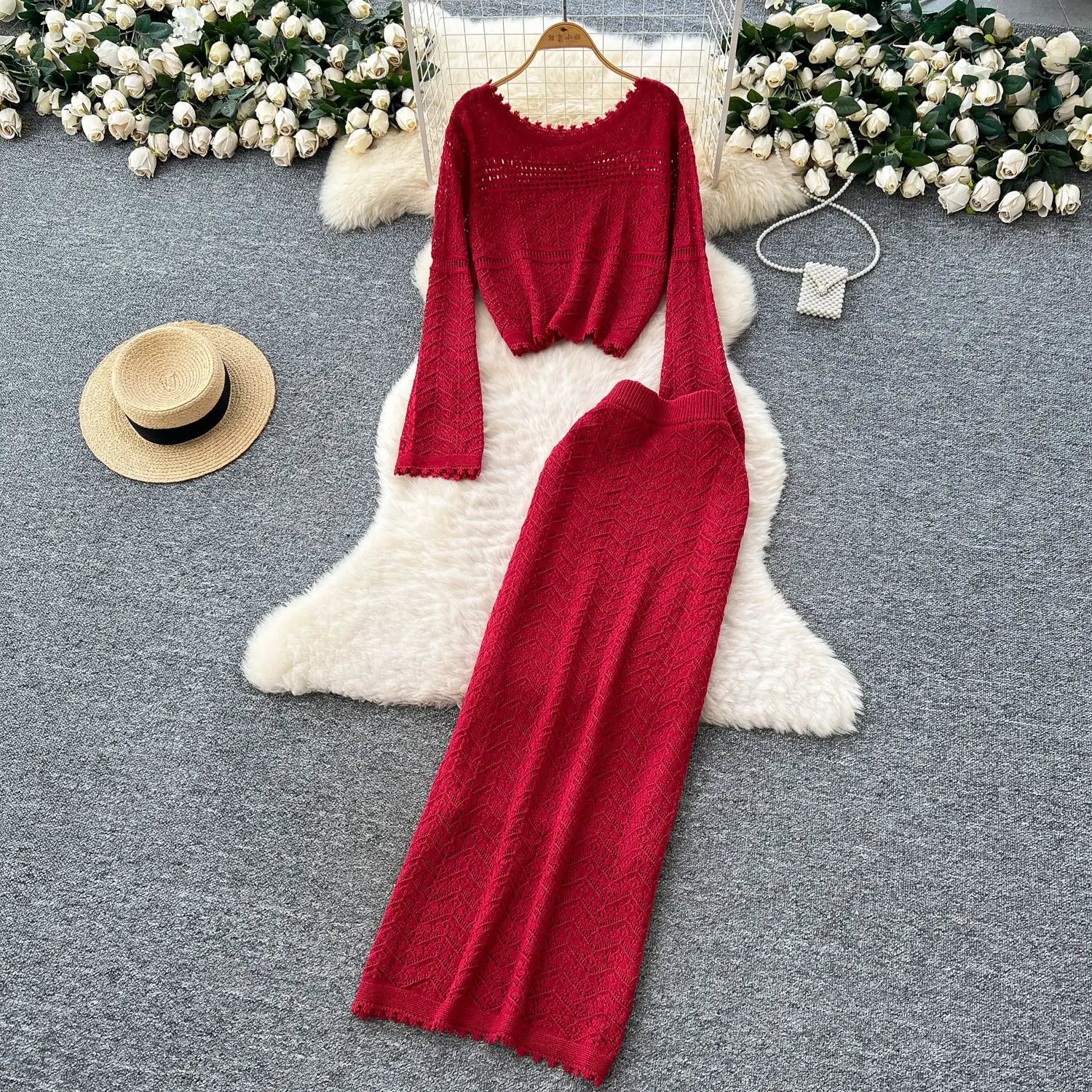 

Women Two Piece Sets Skirt Set Knitted Round Neck Full Sleeve Tops Long Skirts A Line High Waist Y2k Streetwear Elegant Splice