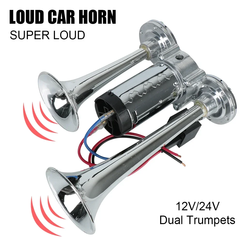 110dB 12V/24V Car Air Horn Set Dual Horn with Wire and Relay Electric Speaker Super Loud for Motorcycle Boat Truck