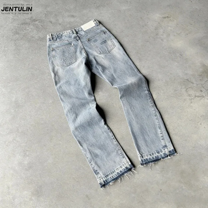 

Hip Hop Straight Leg Pants Gothic Fringed Casual Micro Flared Pants Y2K Vintage Slim Fit Jeans Trendy Washed Men Women Harajuku
