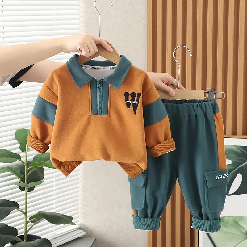 

Baby Boy Infant Clothes 2023 Autumn Boys Turn-down Collar Patchwork Long Sleeve Sweaters Casual Pants Suits Two Piece Kids Set