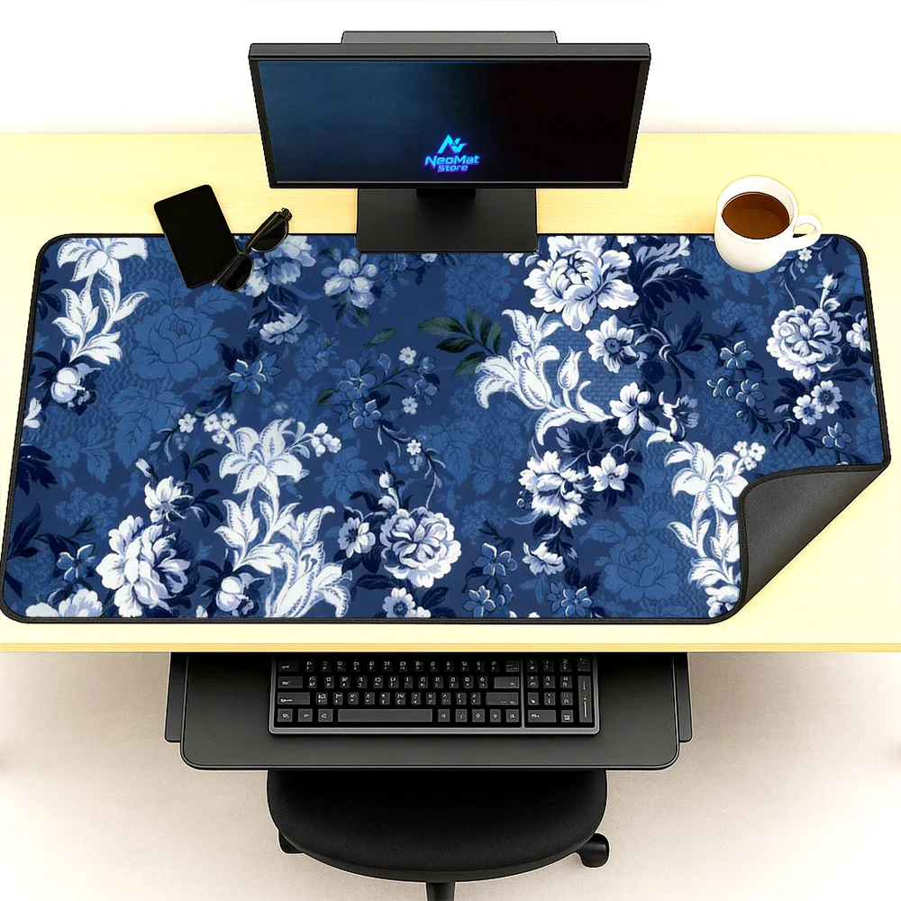 Extended Mousepad Blue and White Floral Aesthetic Office Decor Vintage Desk Carpet Botanical 120cm XXXL Gaming Mouse Pad 160x60