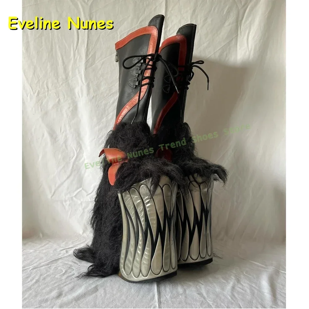 Women's Black Fluffy Platform Wedge Knee High Boots Monster Teeth Decoration Punk Boots Gothic Patchwork Cosplay Stage Shoes