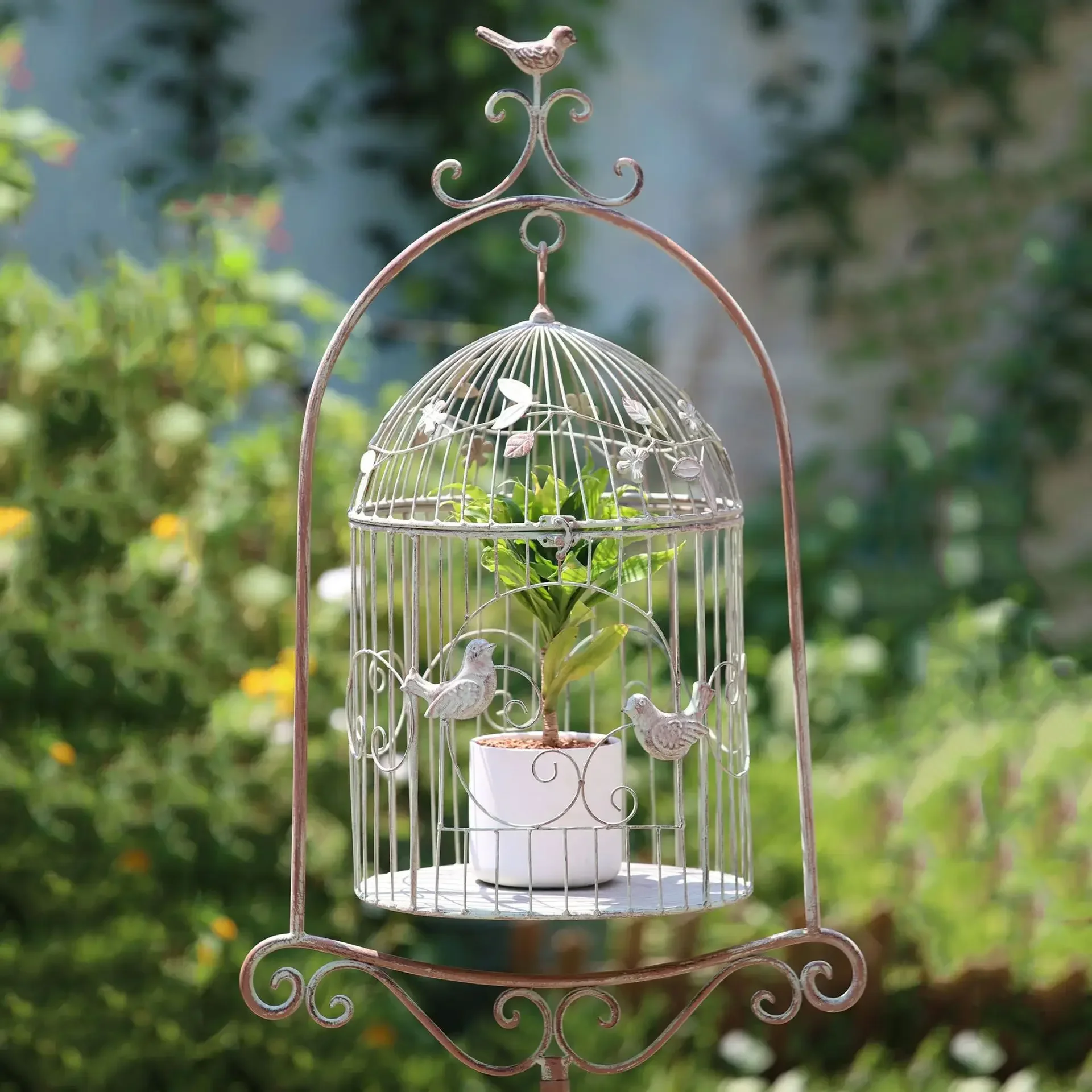 Wrought iron birdcage flower stand outdoor display and storage flowerpot stand for making old white birdcage flower stand crafts