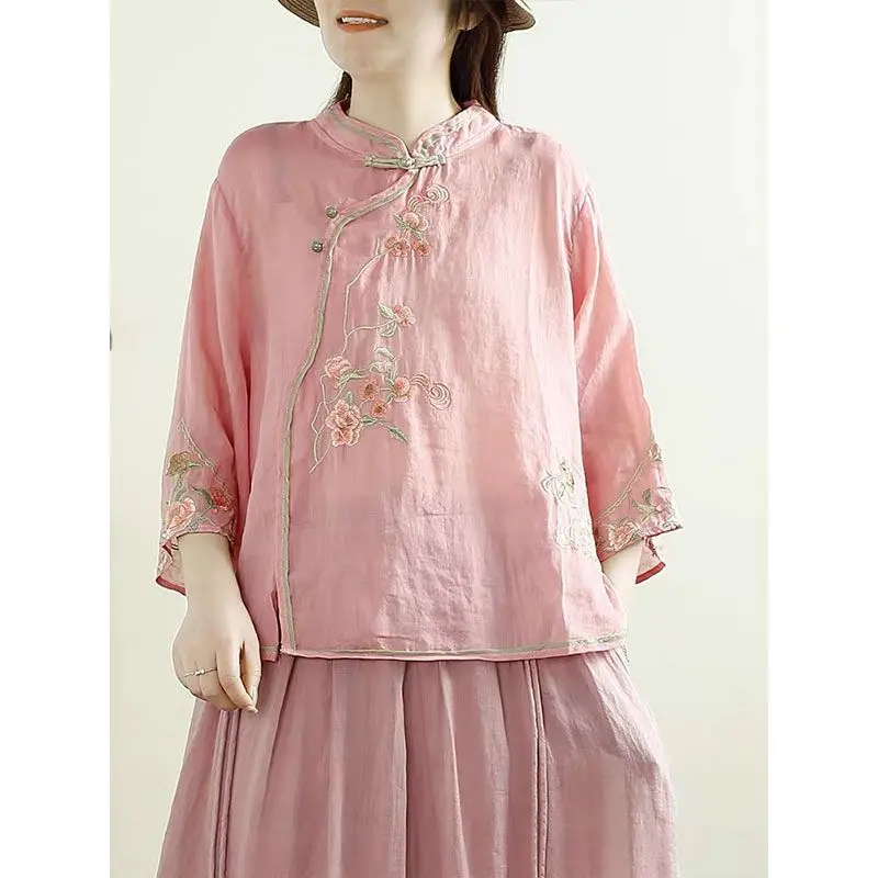 

Новая ретро-этническая рубашка с вышивкой, женская рубашка в стиле ретро на пуговицах с цветными блоками, топ с рукавами три четверти, свободный пуловер