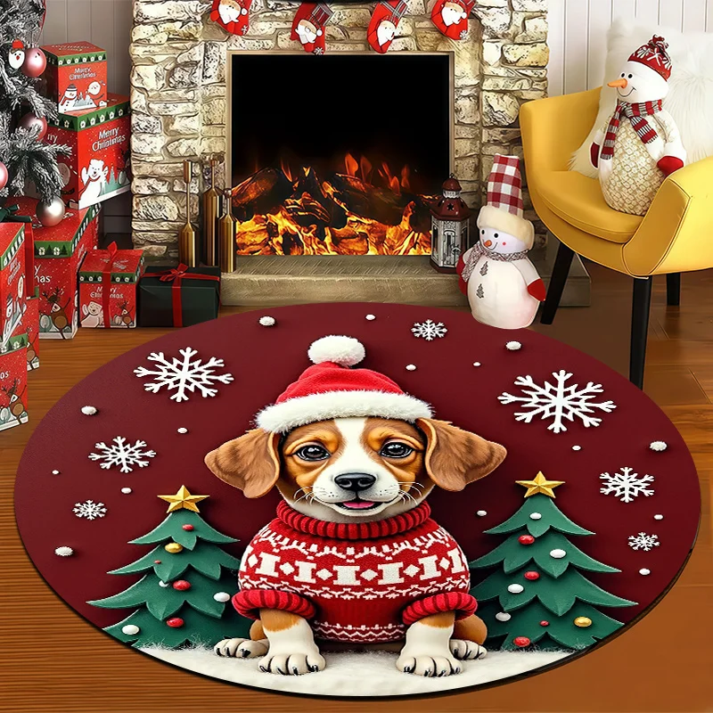 1pc Beagle Puppy Christmas Mat - Non-Slip Round Mat with Beagle Dog in Santa Hat & Sweater, Burgundy Snowflake Mat, Machine Wash