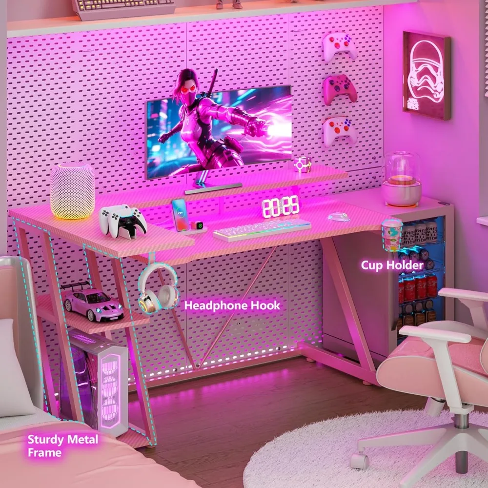 L-Shaped Pink Gaming Desk with 55 Inch LED-lit Corner Computer Desk and 3-Tier Storage Shelves