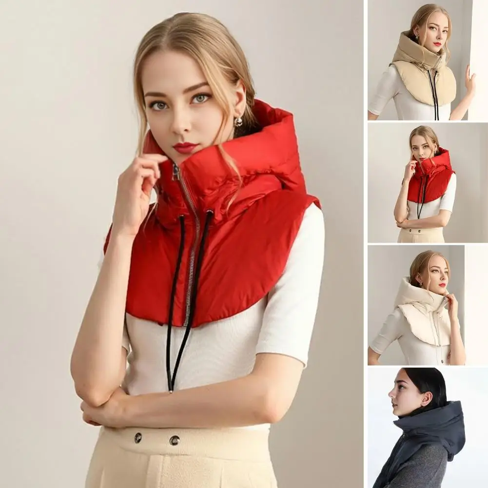 Fake Collar Hood Drawstring Zipper-up Puffer False Collar Solid Color Down Cotton Filled Outdoor Windbreaker Warm Ring Scarf