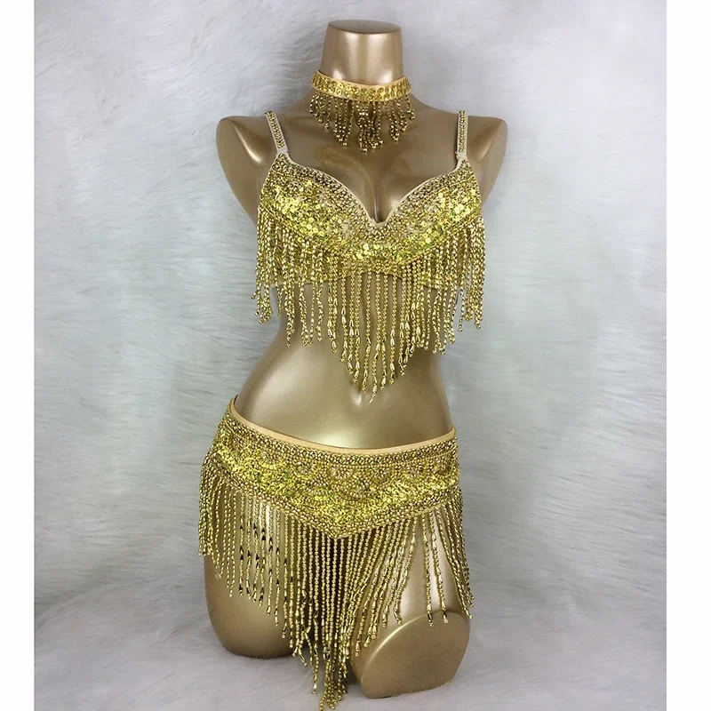 

Beaded Belly Dance Costume Set Sexy Carnival Belly Dancing Clothes Night Bellydance Tops Chain BRA Belt Dance Wear