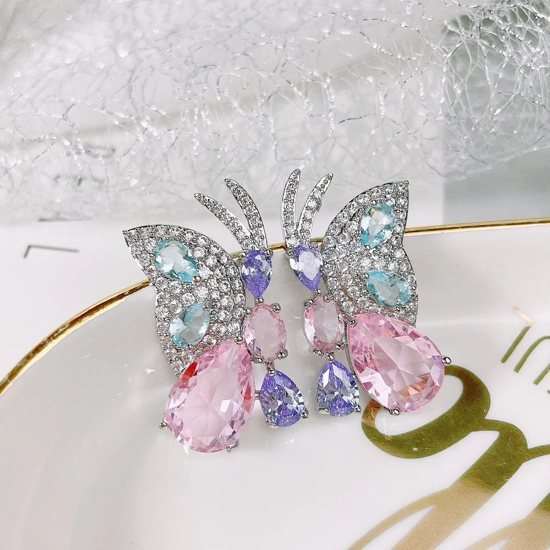2026 New 925 Sterling Silver Multicolour Zircon Butterfly Earrings Women Grace Personality Banquet Jewelry Valentine's Day Gifts