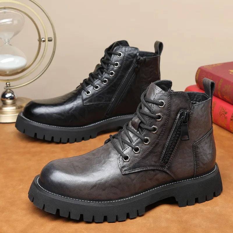 

New Men's Ankle Boots Casual Leather Comfort High Quality Outdoors Chelsea Motorcycle Boots Male Fashion Zip Work Shoes