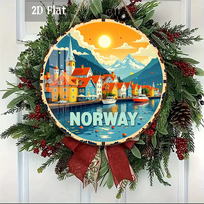 2D Flat, 1pc Norway Alpine Village Round Wood Panel Wall Art - Frameless Scandinavian Suitable for Home, Cafe, Garage Decor - Vi