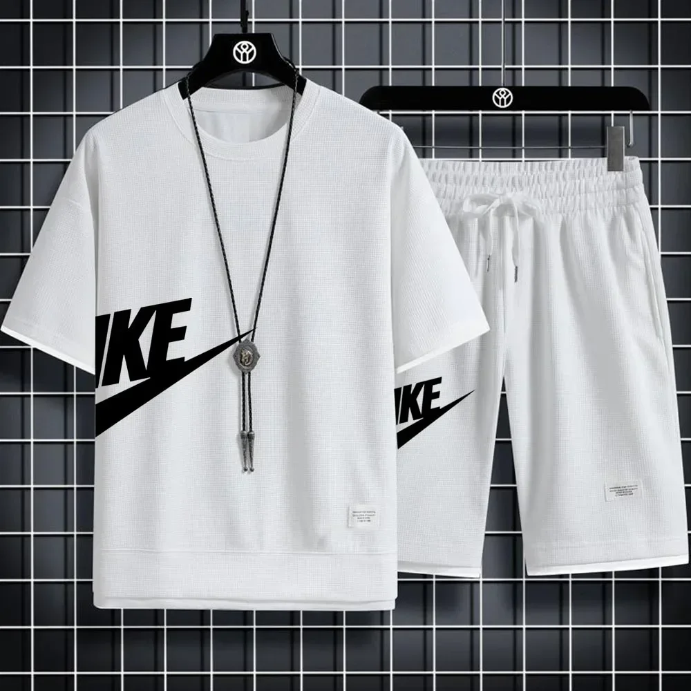 2025 Men's casual two-piece tracksuit Short sleeve and pants Summer Sports Fitness Jogging men's waffle suit fake two pieces
