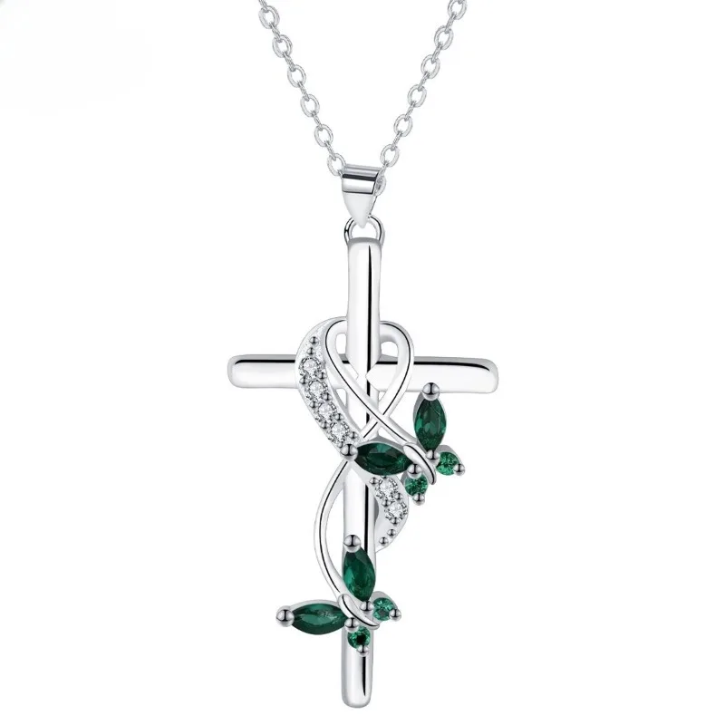 Fashion Cross Women Pendant Necklace Green Cubic Zirconia Butterfly Necklaces Chain Choker Jewelry Wholesale Knn-149