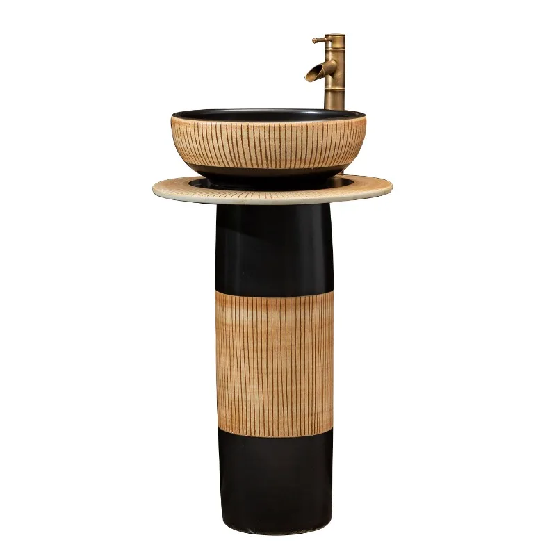 

Ceramic column basin courtyard small apartment retro art hand washing integrated floor type