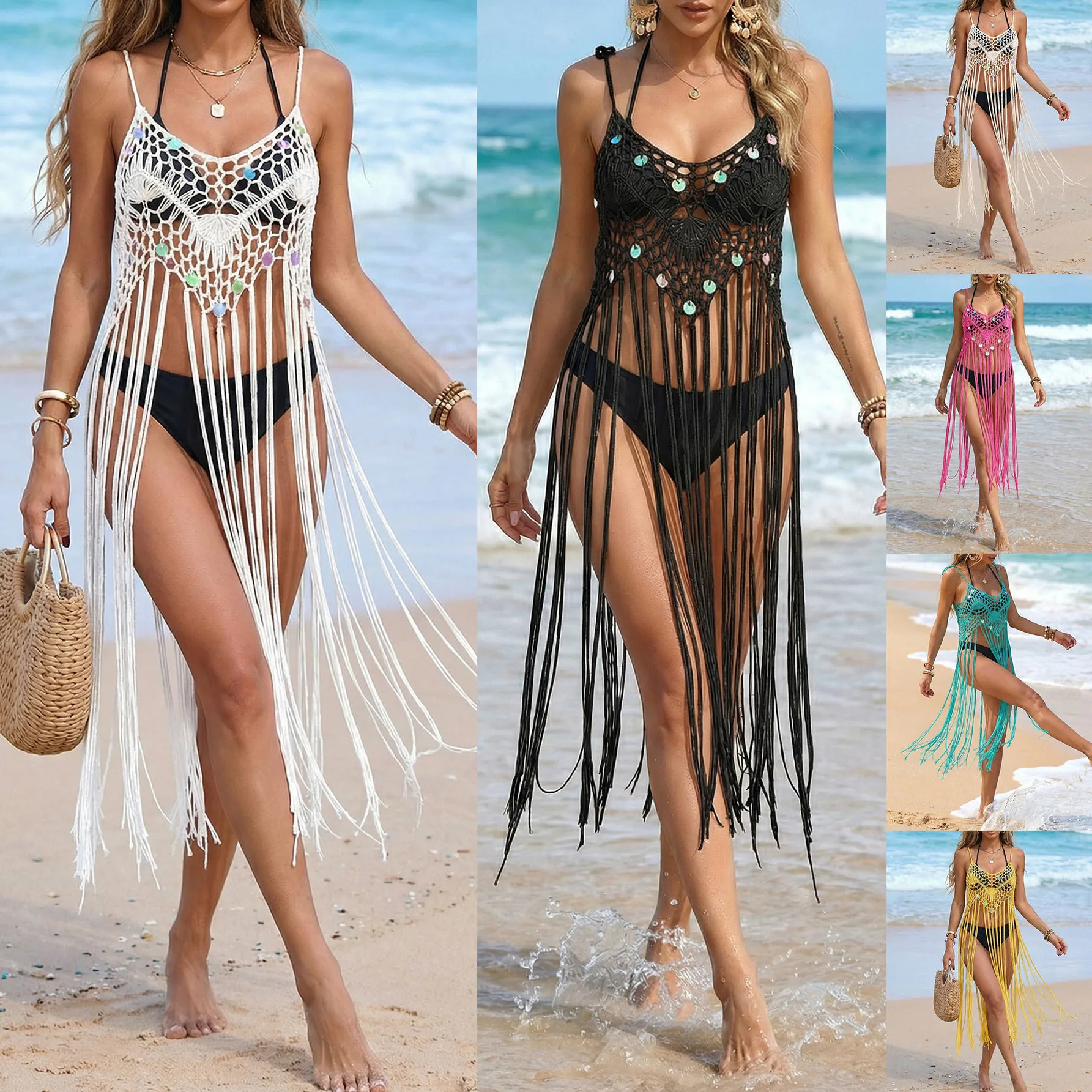 Best-selling Women's Beach Skirt in Europe and America, Pure Hand Hook Sequined Suspender Holiday Long Fringed Bikini Smock