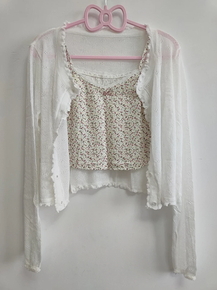 Süße 2 Stück Tops Frauen Sommer Cardigans und Crop Tops für süße Mädchen Blumen druck Croped Kawaii Kleidung