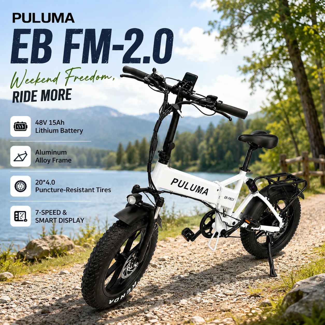 Puluma Eb-Fm2.0, nuova bicicletta elettrica di colore bianco, motore da 500 W, batteria da 48 V e 15 Ah, pneumatici larghi da 20" x 4.0", bicicletta elettrica pieghevole, freni idraulici, bicicletta