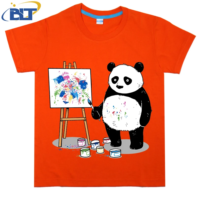 T-shirt de manga curta para menino e menina, top de algodão, com pintura panda, fotos coloridas estampadas, casual, adequada para o verão