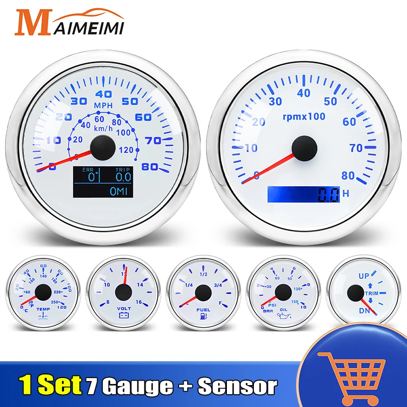 7 Color Backlight Gauge Set GPS Speedometer Tachometer Water Temp Oil Pressure Fuel Voltmeter Trim Gauge + Senders for Boat Car