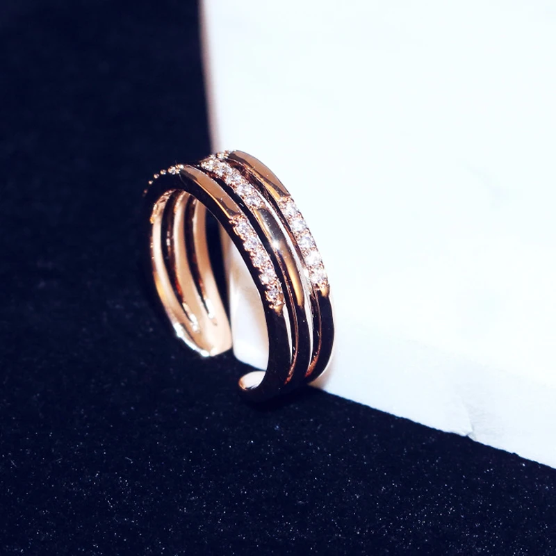 Exquisite shiny double row Zircon Ring small square Zircon C-shaped double Resizable Rose Gold Ring