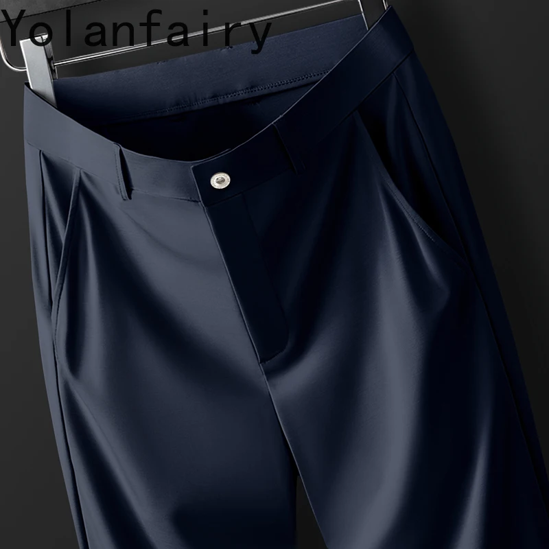 YOLANFAIRY 100% Mulberry Silk Men Trousers Summer Pants Men Straight Pants Casual Men's Clothing Black Trouser Pantalon Homme