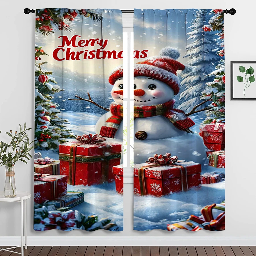 2PCS Christmas Winter Curtains, Snowman Gift Box, Digital Print, Bedroom Living Room, Rod Pocket, Polyester, Home Decor