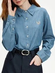 FSLE Women Long Sleeve Denim Blouse Embroidery Female Drop Sleeve Casual Cotton Shirts Light Denim Blue Shirt Top 24FS14486