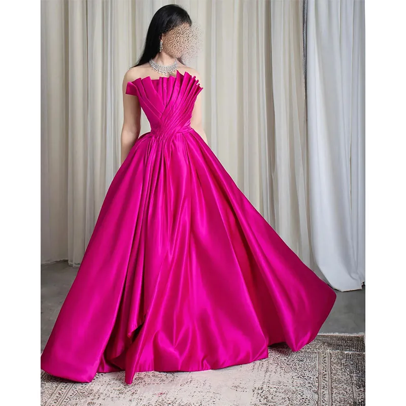 Fuchsia Satin Dubai gaun malam untuk wanita bergigi tanpa lengan panjang Satin A-line pesta Prom gaun pakaian ulang tahun