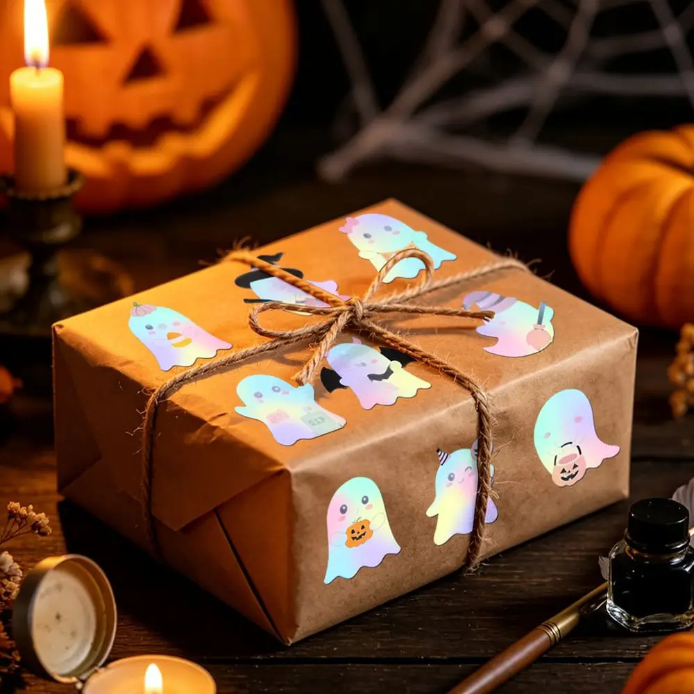 Cute Ghost Stickers Roll Gradient Holographic Finish Waterproof Labels For Office School Supplies Envelope Sealing Craft