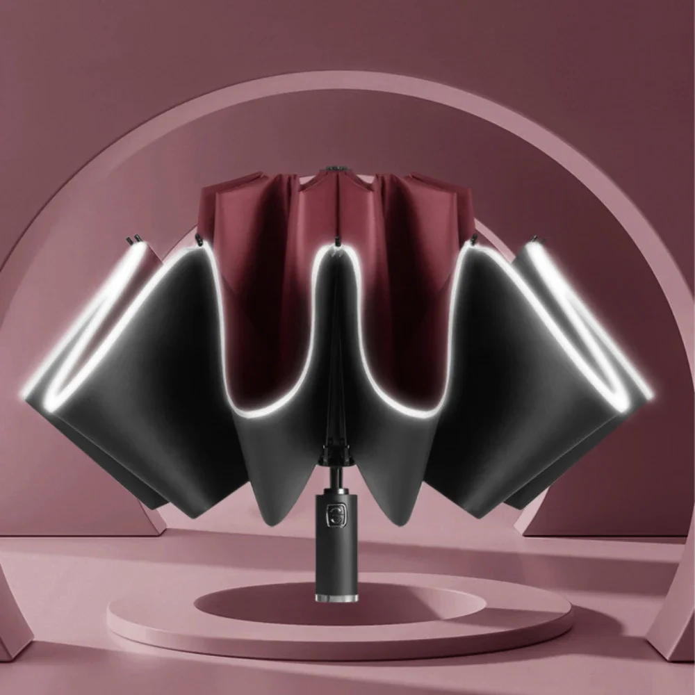 Folding Automatic Umbrella Business UV Protection Sunshade with Led Lighted & Windproof Reflective Stripe Rain Umbrella Reverse