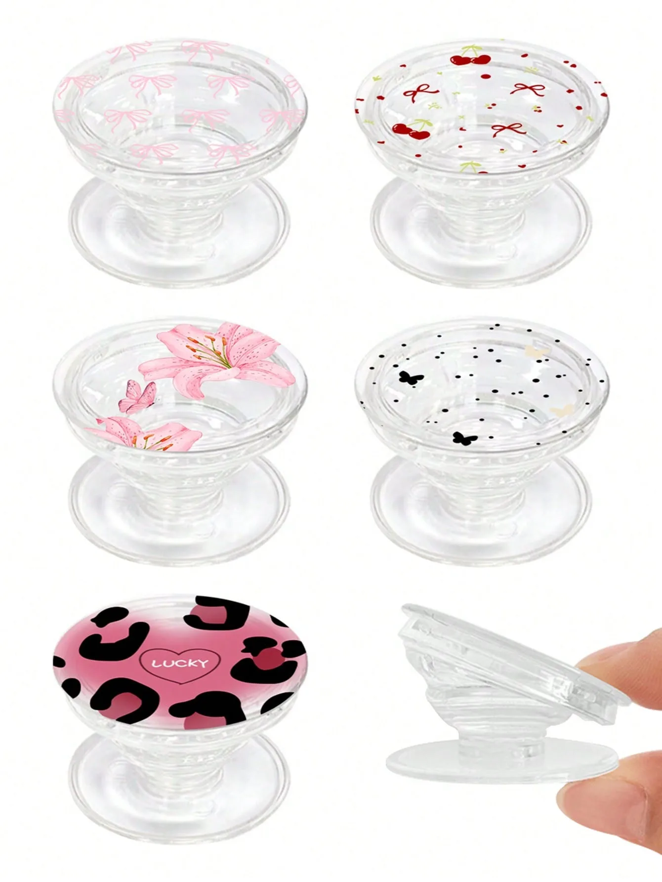 Foldable Transparent Phone Socket Cute Printed Finger Grip Stand DIY Butterfly Cherry Bow Lily Leopard Print Phone Holder
