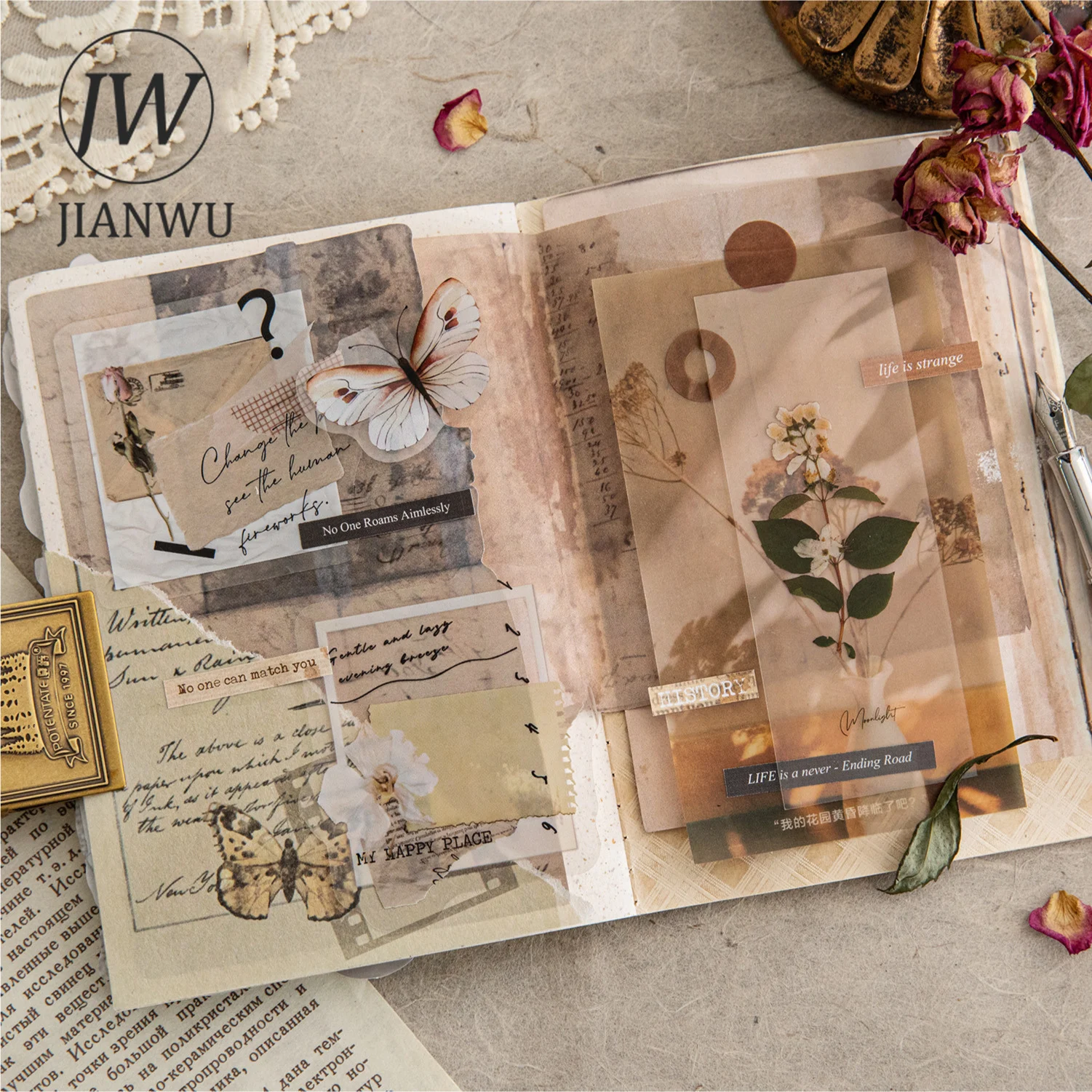 JIANWU Serie di carta delicata Vintage Sbavature Paesaggio Collage Scrapbook Materiale Carta Creativa Fai da te Spazzatura Diario di cancelleria