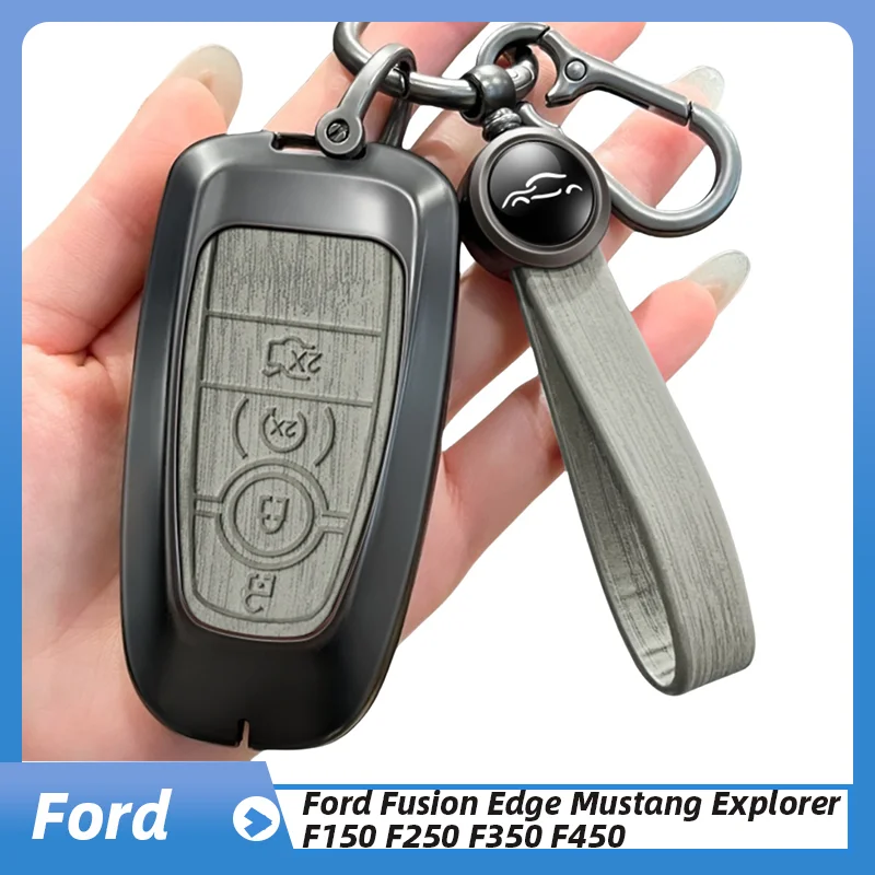 4Buttons Metal Leather Shell Fob Holder for Ford Fusion Edge Mustang Explorer F150 F250 F350 F450 Car Key Case Protector Cover