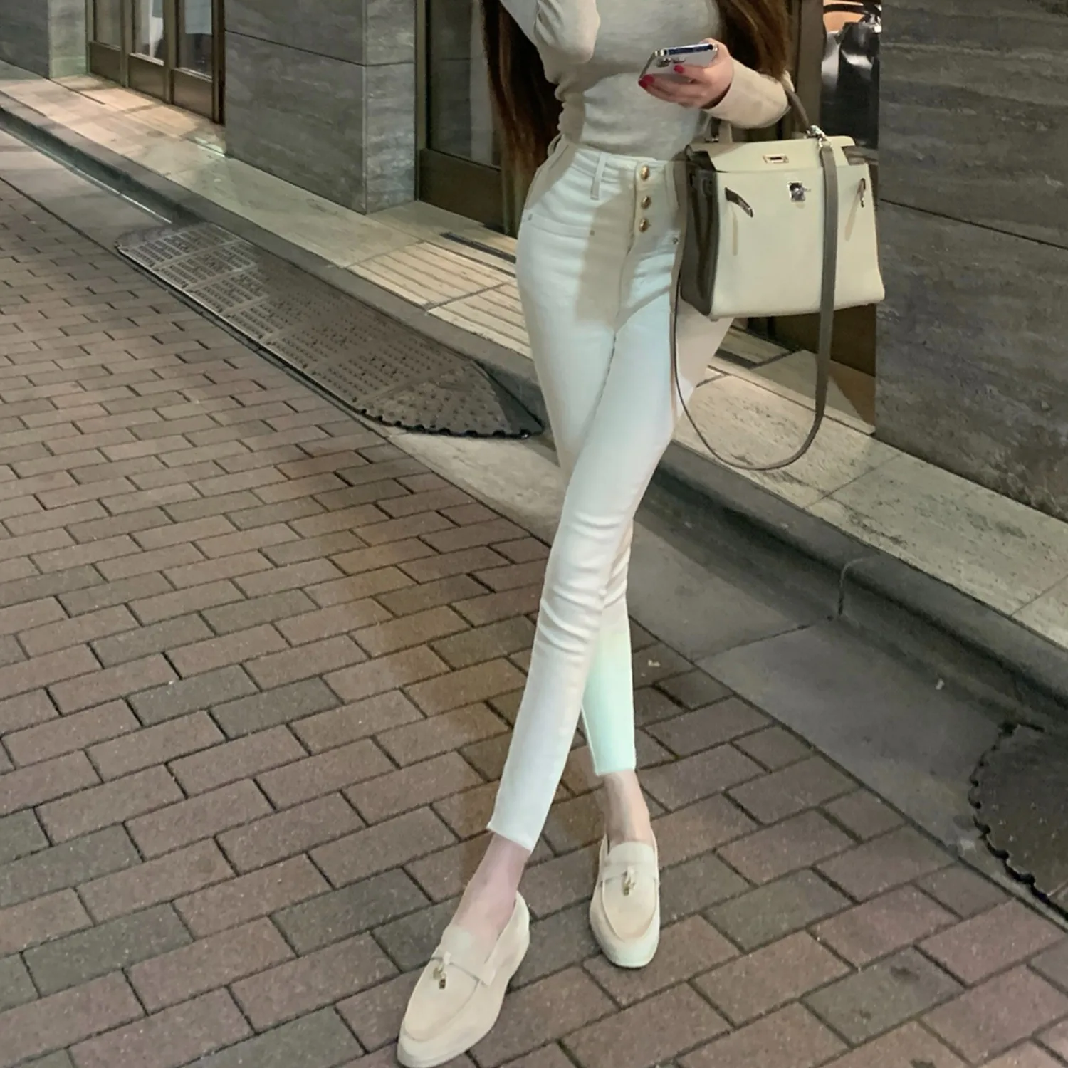 Sexy Classic High Waist Button White High Waist Smoke Tube Jeans Women's Autumn Winter Nine Points Slim Fit Jeans Cotton Stre...