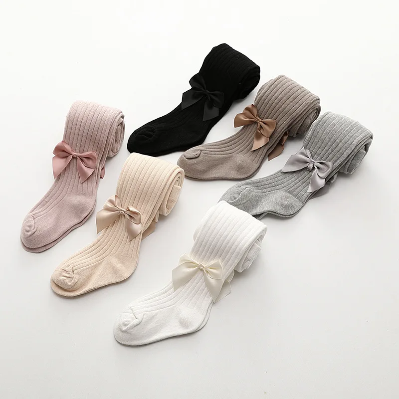 Spring Autumn Children Bowknot Tights Cotton Baby Toddler Girls Pantyhose Kids Infant Knitted Solid Stockings For 0-6Years