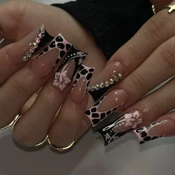 24Pcs Long Coffin Leopard Print False Nails with Glue Sweet Cool Diamond Fake Nail Set Floral French Press on Wearable Nail Tips