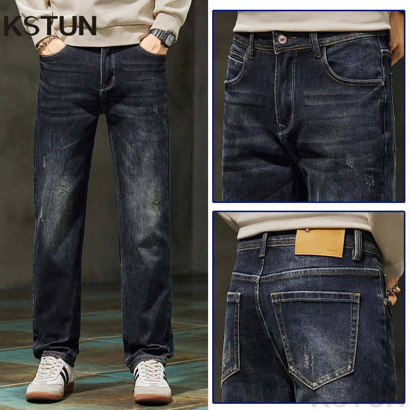 

KSTUN Men's Whiskered Straight Jeans Distressed Stretch Denim Pants Vintage Washed Casual Trousers Streetwear Large Size 40