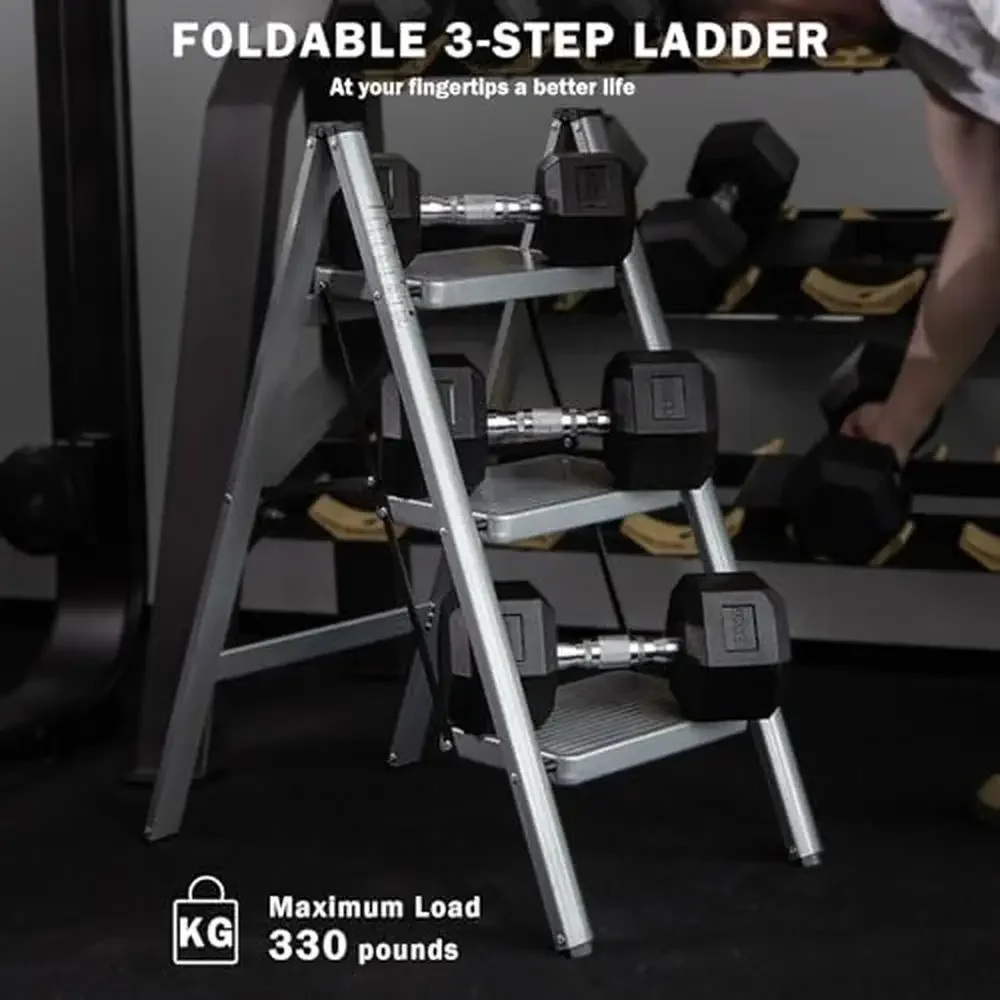 3-Step Folding Steel Ladder with Wide Pedal Portable Sturdy Household Step Stool Kitchen Garage Laundry Room 331lbs Capacity