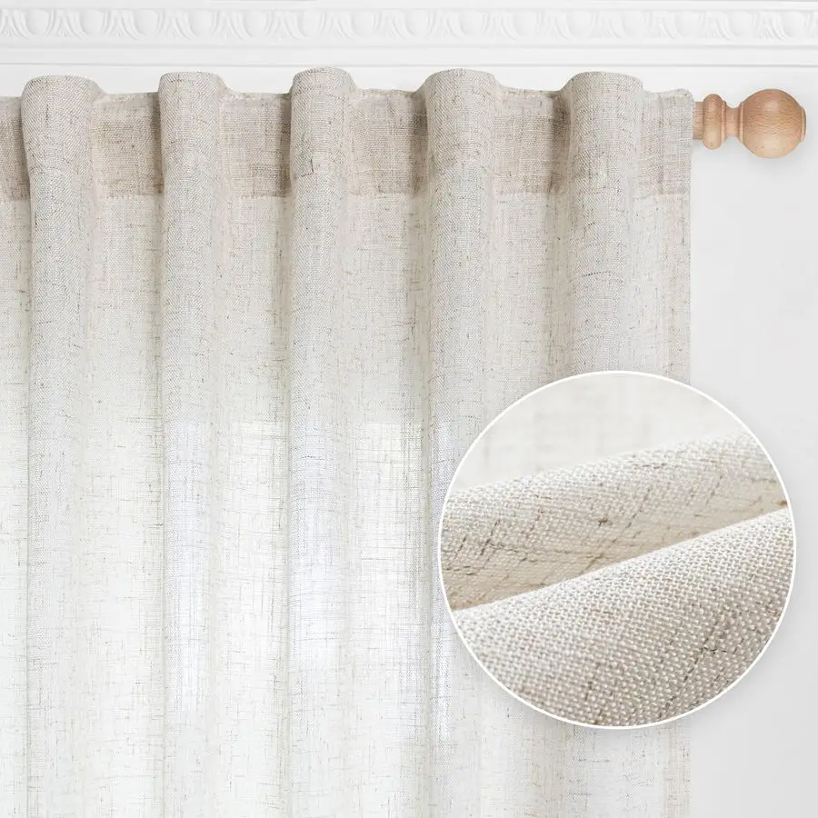

Linen Curtains for Sliding Glass Door, Back Tab Semi Sheer Curtain Panels Extra Long Floor Length Drapes Linen Texture Soft Touc