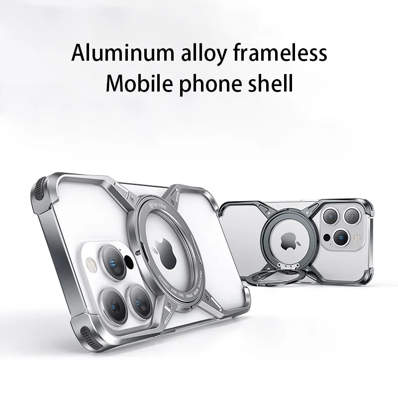 

Metal Aluminum Alloy Magnetic Rotate Stand Phone Case For iPhone 14 13 15 Pro Max Hollow Rimless Shockproof Bumper Cover Funda