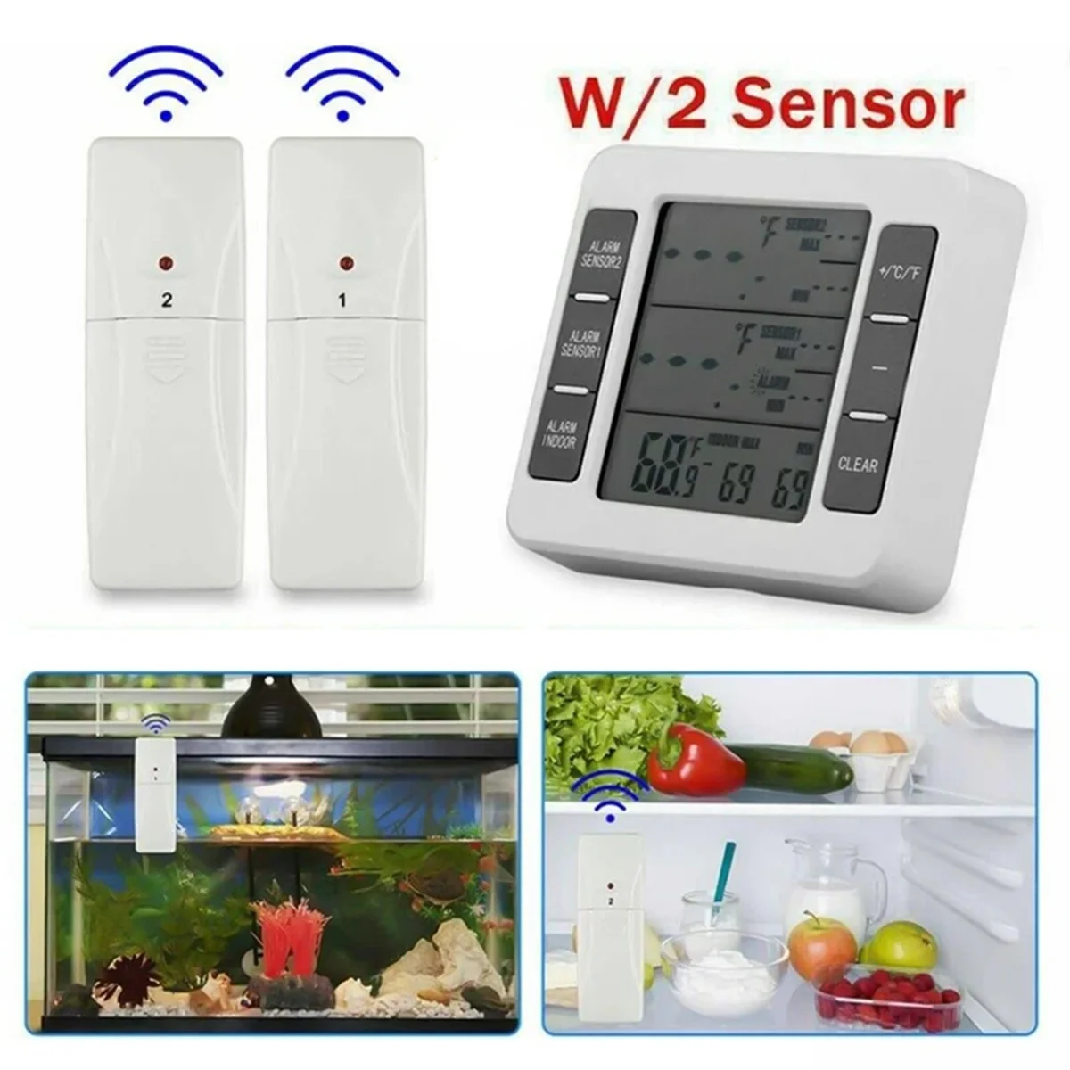 1Set Wireless Freezer Thermometer 2 Remote Sensors Alarm Low Temperature Refrigerator Thermometer Clock