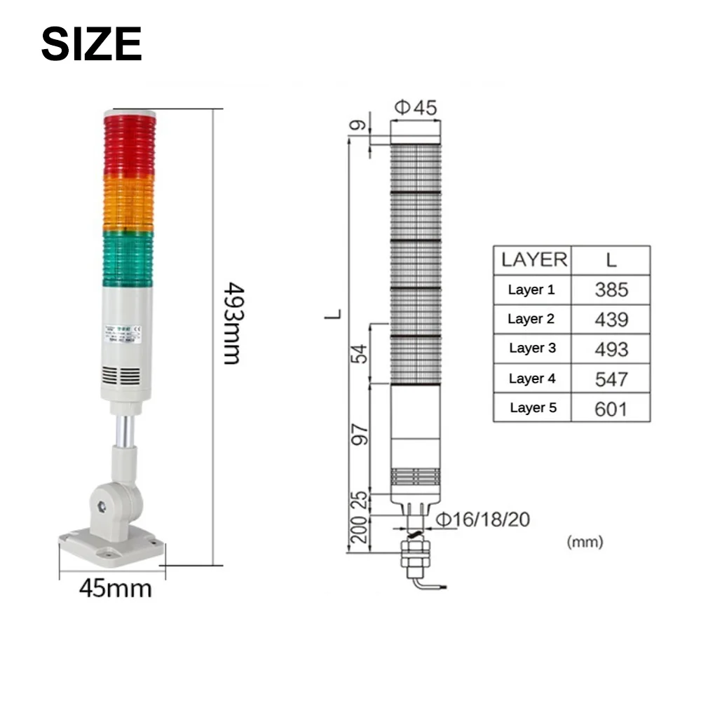 Torre de señal LED multicapa, luz de advertencia de pila, rotación de 180 grados, indicador de zumbador Industrial, lámpara de alarma de maquinaria, 24V, 220V