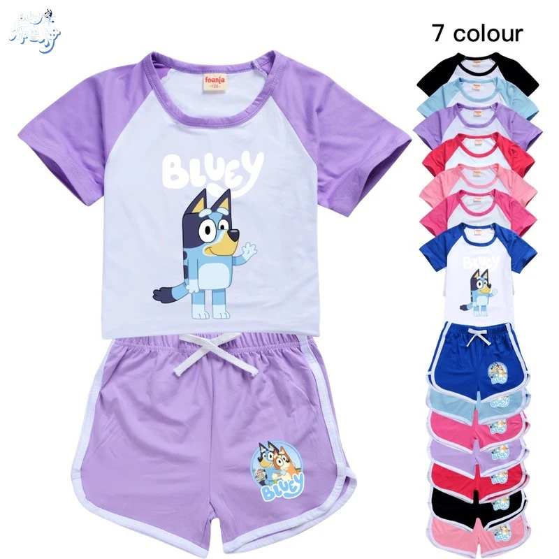 2024 Summer New Cartoon Bourrouilh T-shirt Shorts Two-piece Sports Suit Casual Fashion Clothes Children's Blue Dog Sportswear.