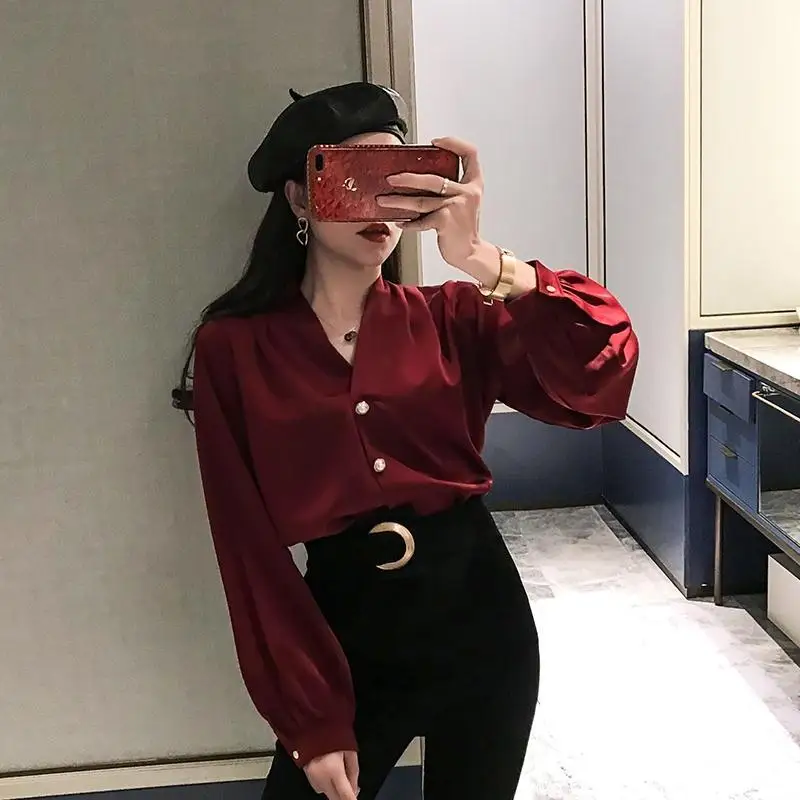 Women Clothing Vintage V Neck Shirt Tops Long Sleeve Solid Color Loose All-match Fashion Blouse Spring Autumn New Elegant Korean