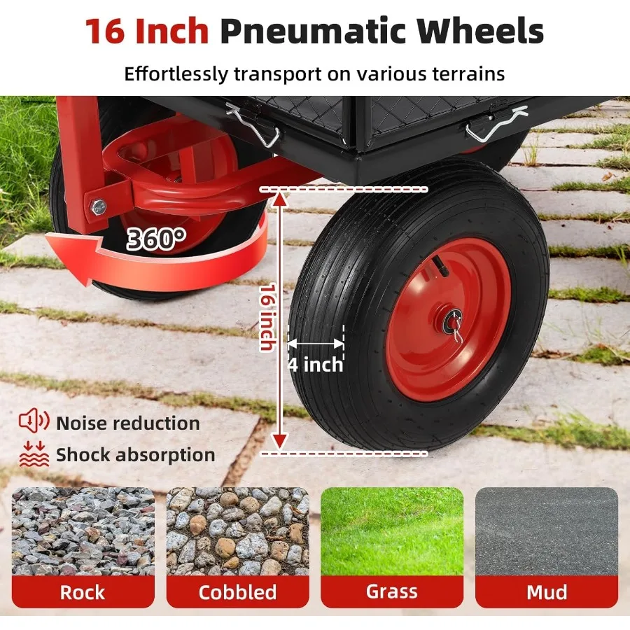 Carrinho de jardim de aço resistente com capacidade de 1400 LBS e 16 rodas para ferramenta de solo eficiente e transporte de plantas em jardinagem Appl