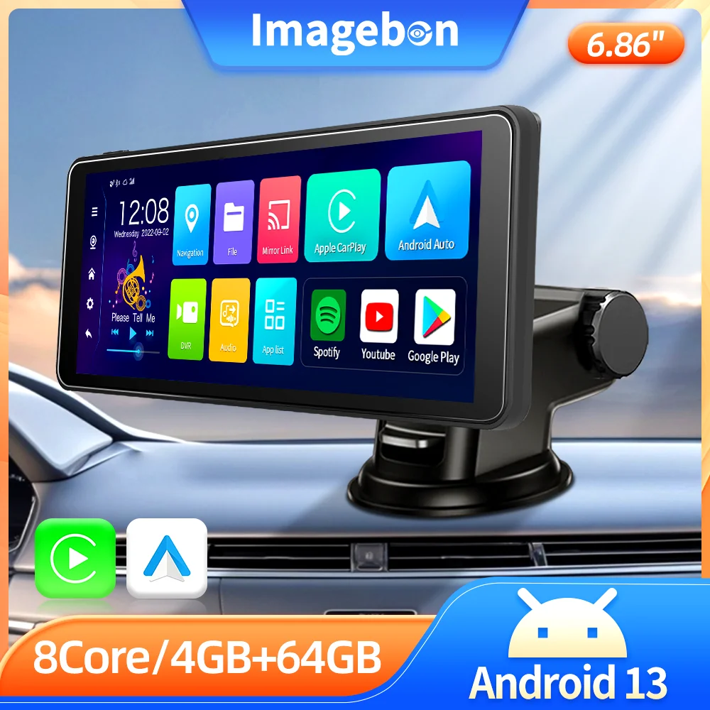 Imagebon 6.86 Inch Android 12 Car DVR Wireless CarPlay& Android Auto Dash Camera With BT Phone Call Reversing GPS Navigation